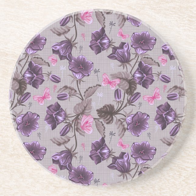 violet hand bells and pink butterflies pattern sandstone coaster (Front)