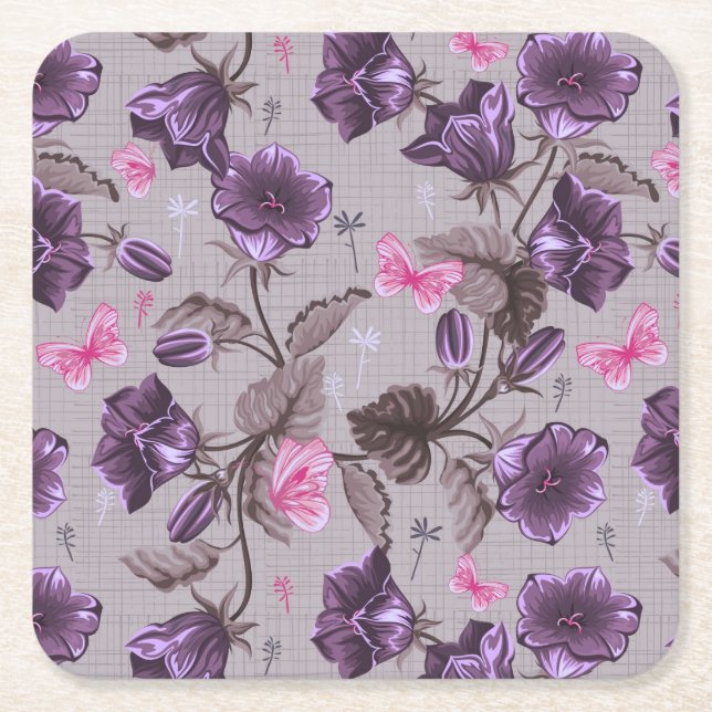 violet hand bells and pink butterflies pattern square paper coaster (Front)