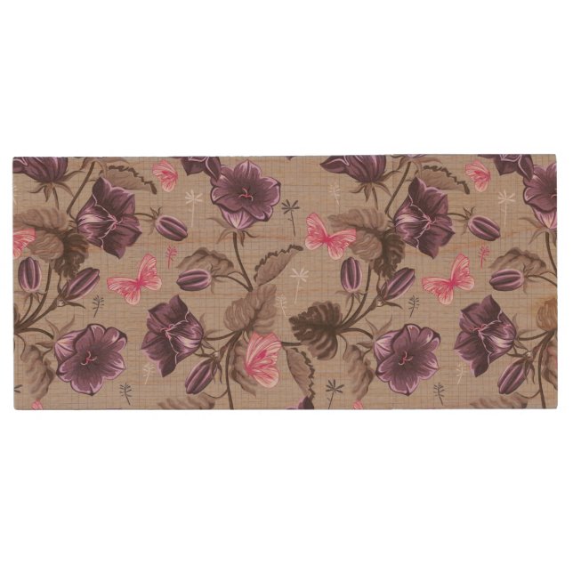 violet hand bells and pink butterflies pattern wood flash drive (Front)