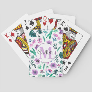 Violet Hunter Tropical Watercolor Flowers Monogram Poker Cards