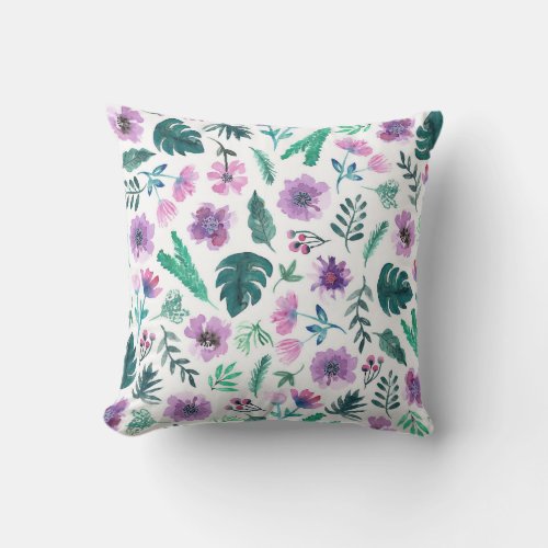 Violet Hunter Tropical Watercolor Flowers Pattern Outdoor Pillow