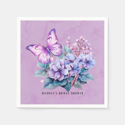 Violet Hydrangea Floral Butterfly Bridal Shower Napkins