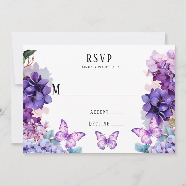 Violet Hydrangea Floral Butterfly RSVP Cards (Front)