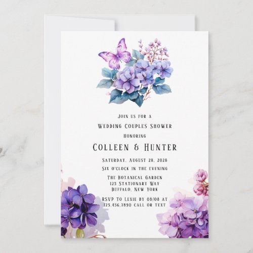 Violet Hydrangea Floral Butterfly Wedding Shower Invitation
