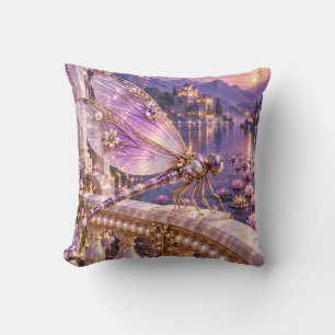 Violet Jeweled Dragonfly Sunset Lake Balcony Throw Pillow