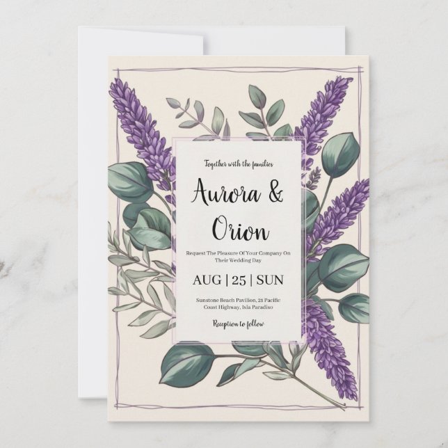 violet lavender and eucalyptus wedding invitations (Front)