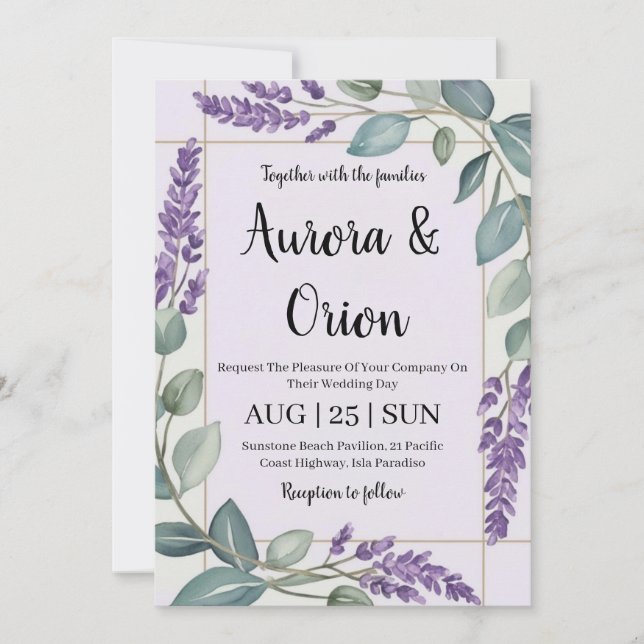 violet lavender and eucalyptus wedding invitations (Front)