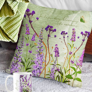 Violet Lavender Blooms. Good Vibes. Rustic Floral Throw Pillow