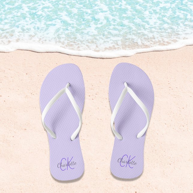 Violet lavender colored name monogram  flip flops (Creator Uploaded)