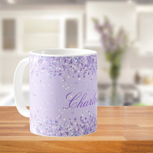 Violet lavender confetti name script elegant coffee mug