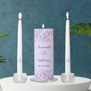 Violet lavender confetti names elegant wedding unity candle set