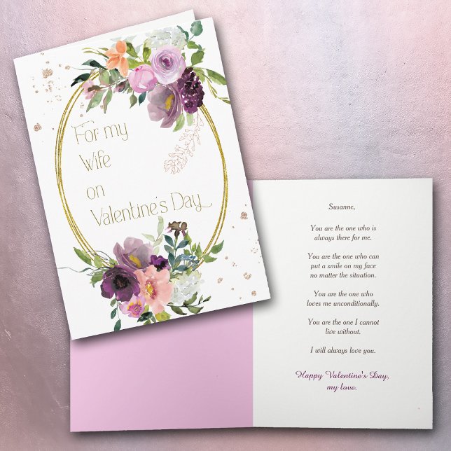 Violet Lavender Floral Gold Frame Wife Valentine Holiday Card (Creator Uploaded)