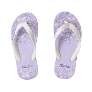 Violet lavender glitter drips name girl kid's flip flops