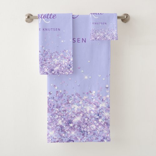 Violet lavender glitter dust name monogram bath towel set