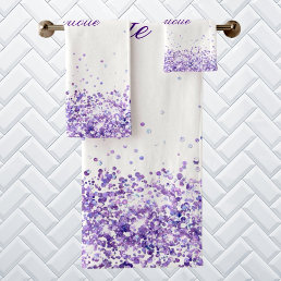 Violet lavender glitter dust white name bath towel set