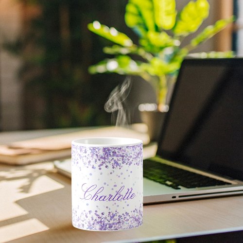 Violet lavender glitter dust white name script  coffee mug