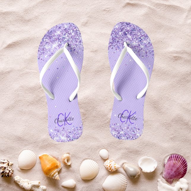 Violet lavender glitter name monogram  flip flops (Creator Uploaded)
