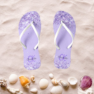 Violet lavender glitter name monogram  flip flops