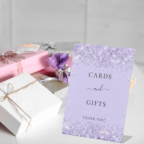 Violet lavender glitter party cards gifts pedestal sign