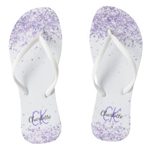Violet lavender glitter white name monogram flip flops