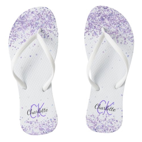 Violet lavender glitter white name monogram flip flops
