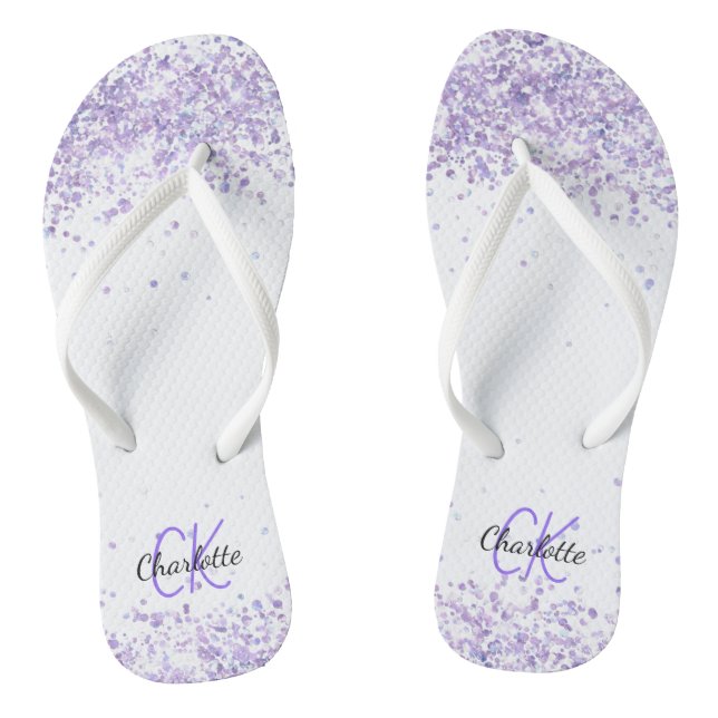 Violet lavender glitter white name monogram flip flops (Footbed)