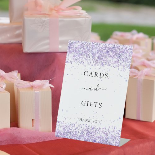 Violet lavender glitter white party cards gifts pedestal sign