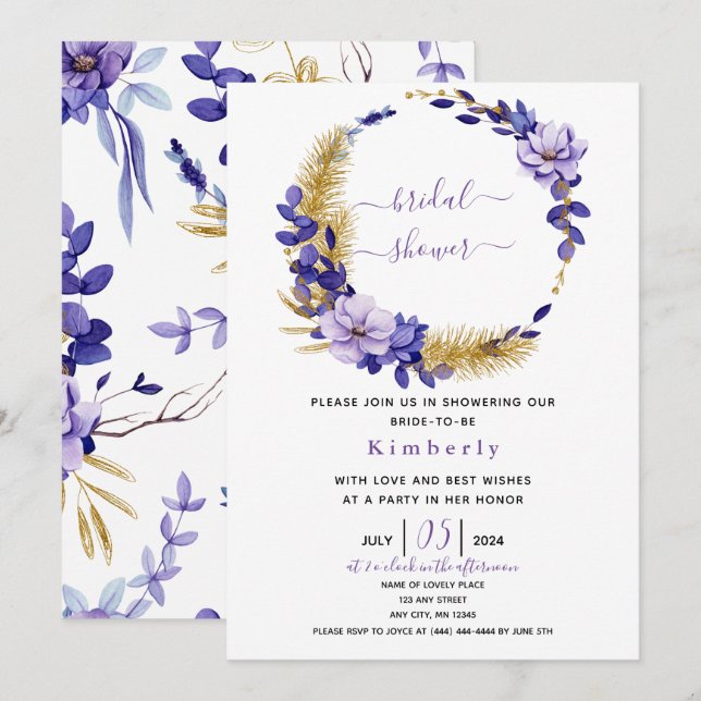Violet Lavender & Gold Floral Bridal Shower Invitation (Front/Back)