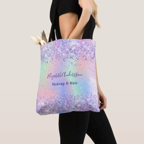 Violet lavender holographic glitter name business tote bag