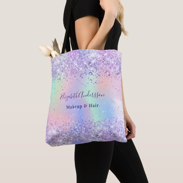 Violet lavender holographic name business tote bag (Close Up)