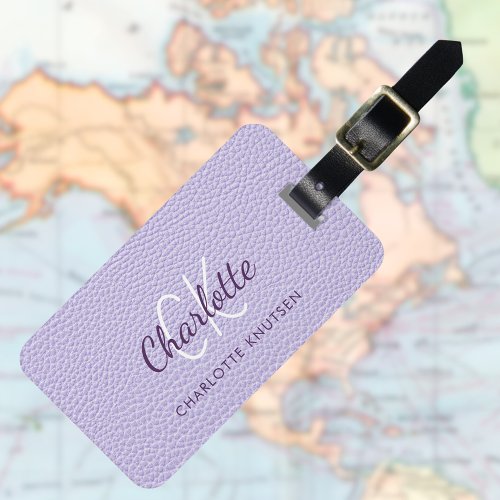 Violet lavender leather monogram name luggage tag