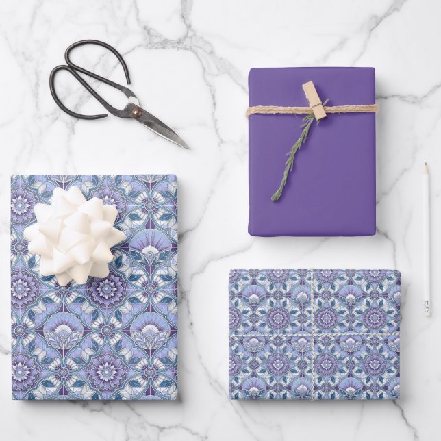 Violet, Lavender, Lilac, Blues & White Art Deco  Wrapping Paper Sheets (Front)