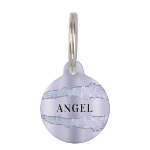 Violet lavender metal agate marble name pet ID tag