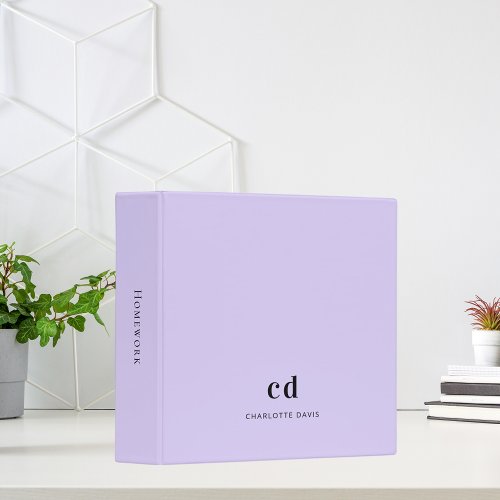 Violet lavender monogram initials name 3 ring binder