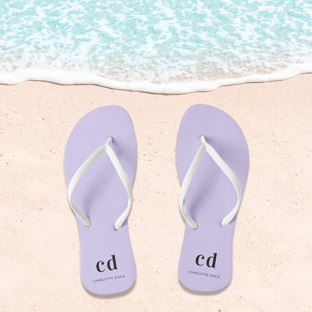 Violet lavender monogram initials name flip flops (Creator Uploaded)