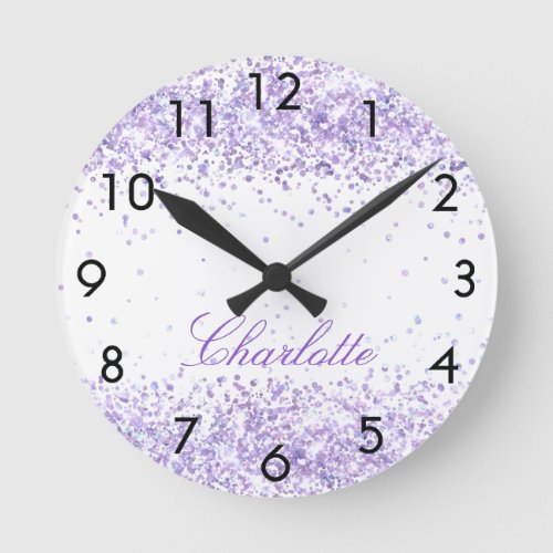 Violet lavender name script elegant round clock