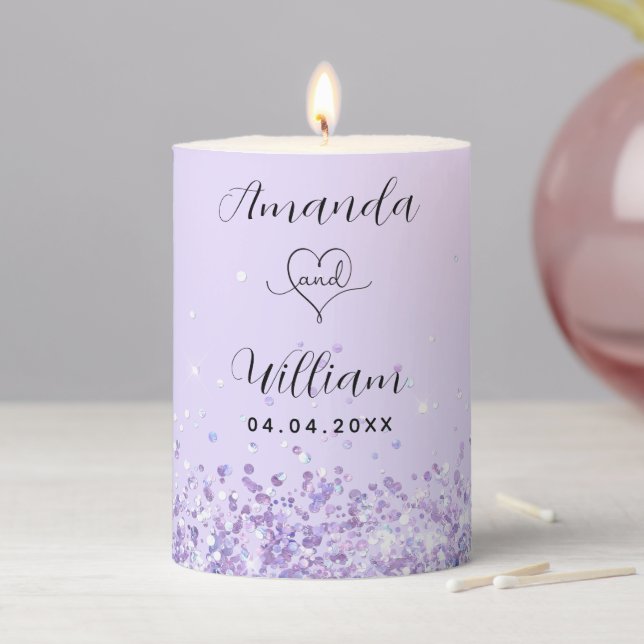 Violet lavender names elegant wedding pillar candle (In Situ)