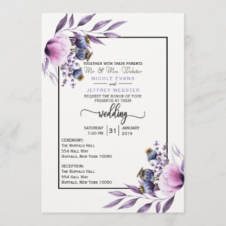Violet Lavender Poppy Watercolor Flower Wedding Invitation