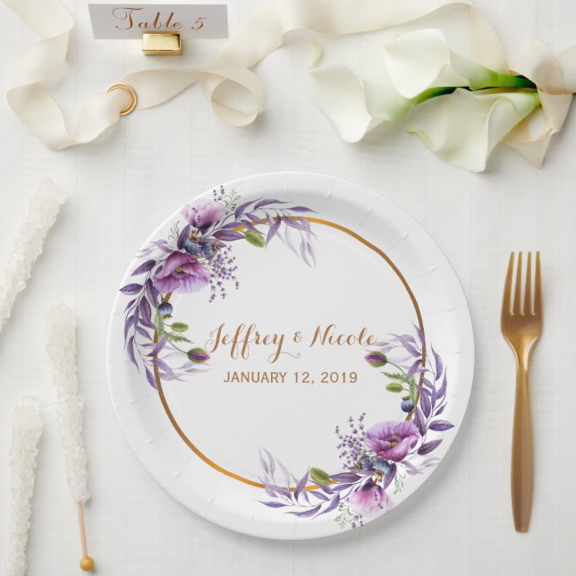 Violet Lavender Poppy Watercolor Flower Wedding Paper Plates (Wedding)