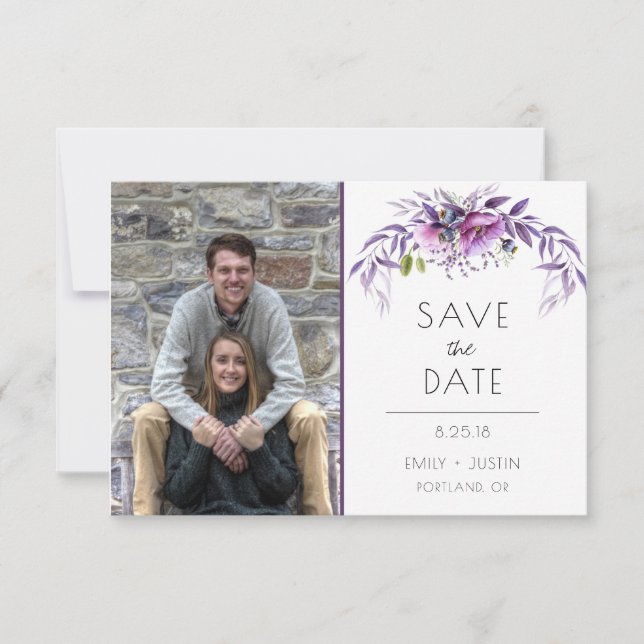 Violet Lavender Purple Floral Photo Save The Date (Front)