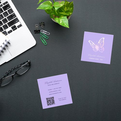 Violet lavender QR code butterfly Square Business Card