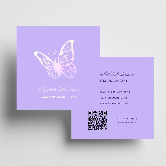 Violet lavender QR code butterfly Square Business Card (Creator Uploaded)