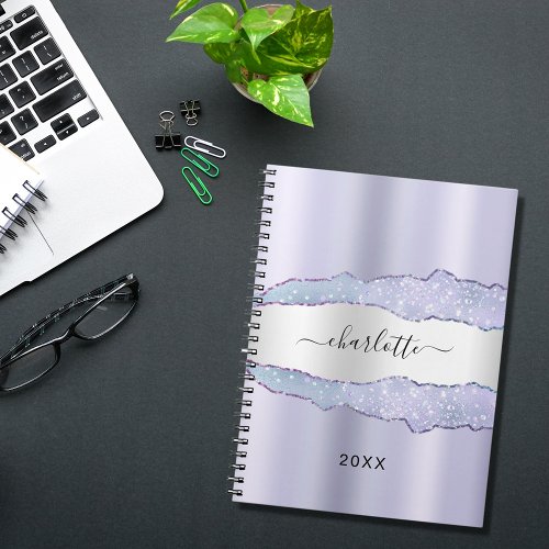 Violet lavender silver agate marble name notebook