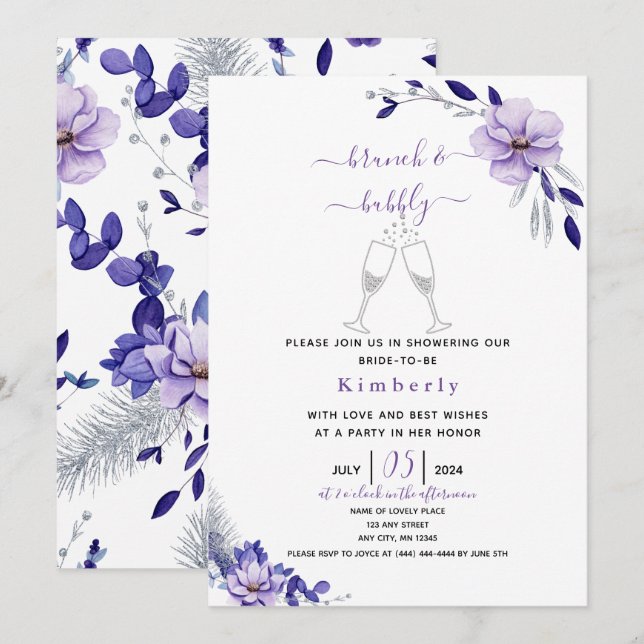 Violet Lavender & Silver Floral Bridal Brunch Invitation (Front/Back)