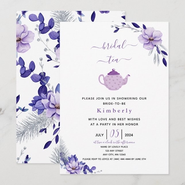 Violet Lavender & Silver Floral Bridal Tea Invitation (Front/Back)