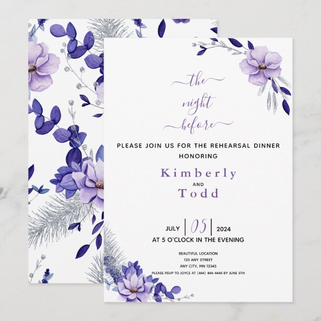 Violet Lavender & Silver Floral Rehearsal Dinner I Invitation (Front/Back)