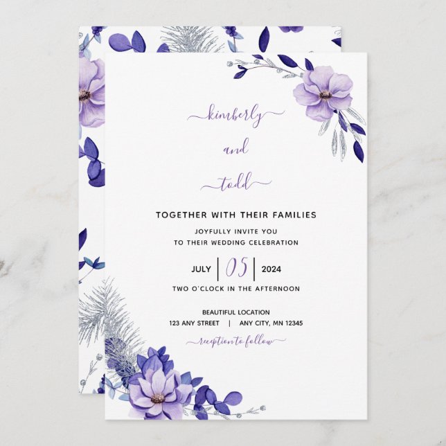 Violet Lavender & Silver Floral Wedding Invitation (Front/Back)