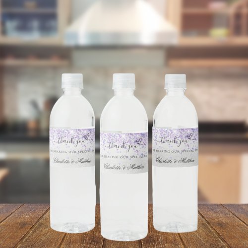 Violet lavender silver wedding thank you water bottle label