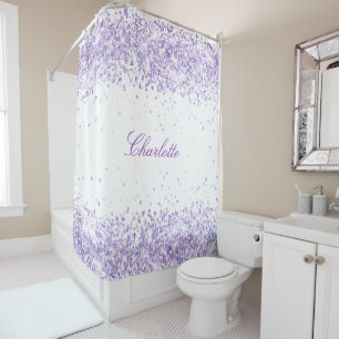 Violet lavender white confetti name elegant shower curtain
