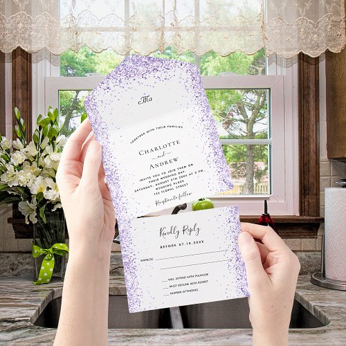 Violet lavender white confetti rsvp wedding all in one invitation